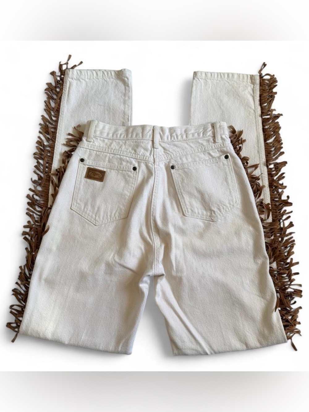 Vintage Roper Fringe Jeans USA Western Cream Denim Real Suede Women’s 11 30x30